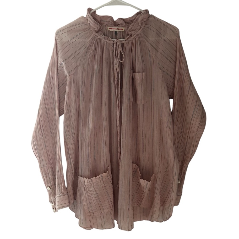 REBECCA TAYLOR Metallic Stripe Gauze Like Poet Blouse J13
